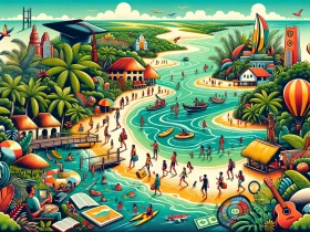 An illustration representing the vibrant and diverse tourism industry in the Extreme South of Bahia, Brazil. The image should capture the essence of t (1)