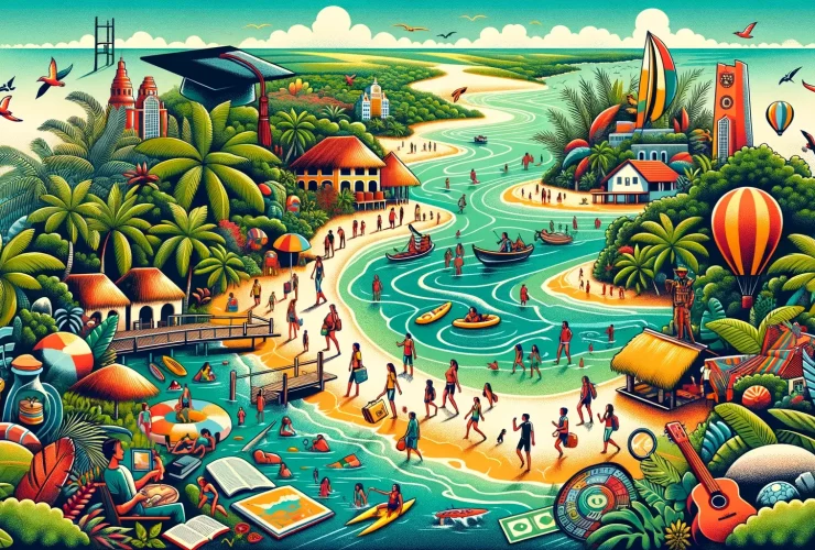 An illustration representing the vibrant and diverse tourism industry in the Extreme South of Bahia, Brazil. The image should capture the essence of t (1)